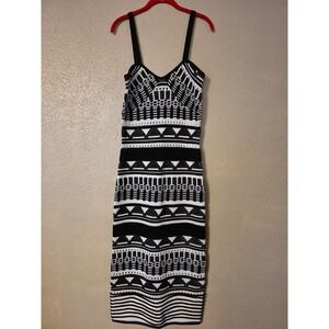 Milly Black White Geometric Tribal Knit Midi Bodycon Dress Medium RN159167